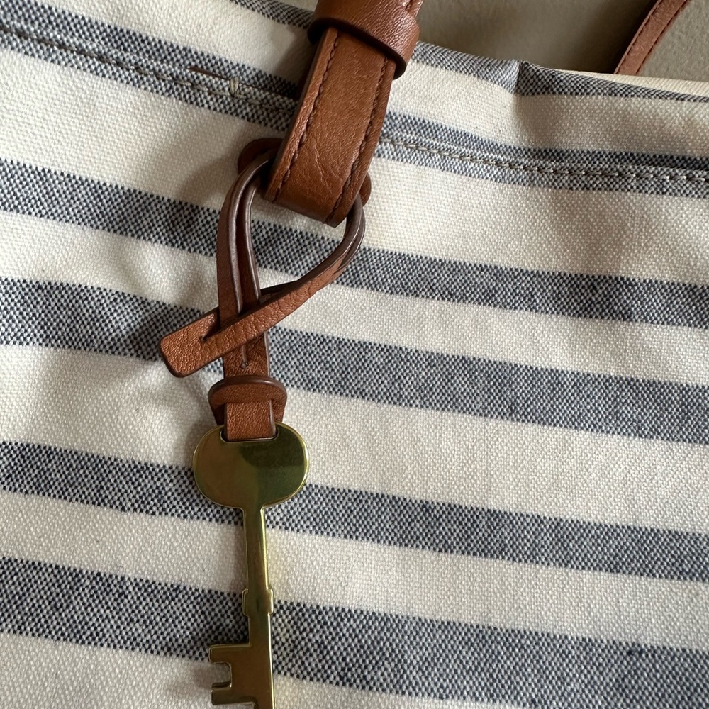 Fossil Blue and White Striped Tote with Brown Leather Straps - Picture 2 of 10